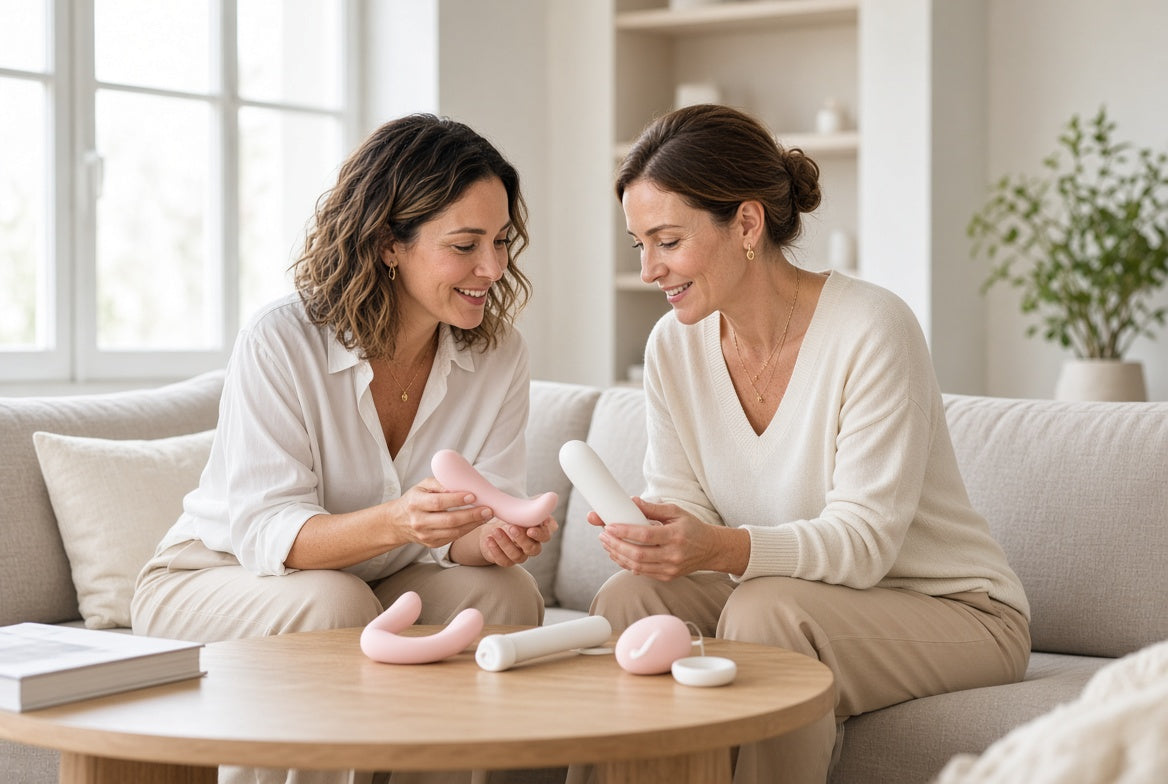Women exploring body-safe sex toys and learning how to choose intimate wellness products