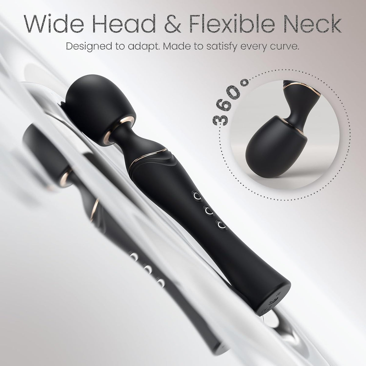 Flexible neck wand vibrator with wide massage head